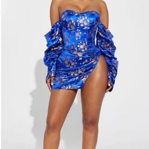 Elegant Blue Floral Off-Shoulder Skirt Set